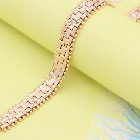 "Rose Gold Textured Link Bracelet with Gold Beaded Border, XPBL0878 - Picture 5 of 12